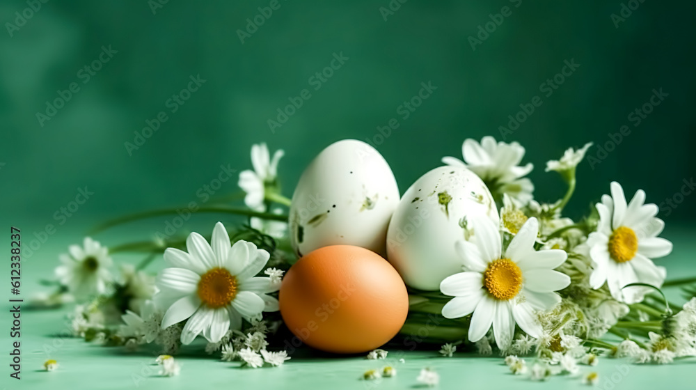Eggs and flowers on a blurred green background, generative AI. Eggs and flowers on a blurred green background, generative AI.