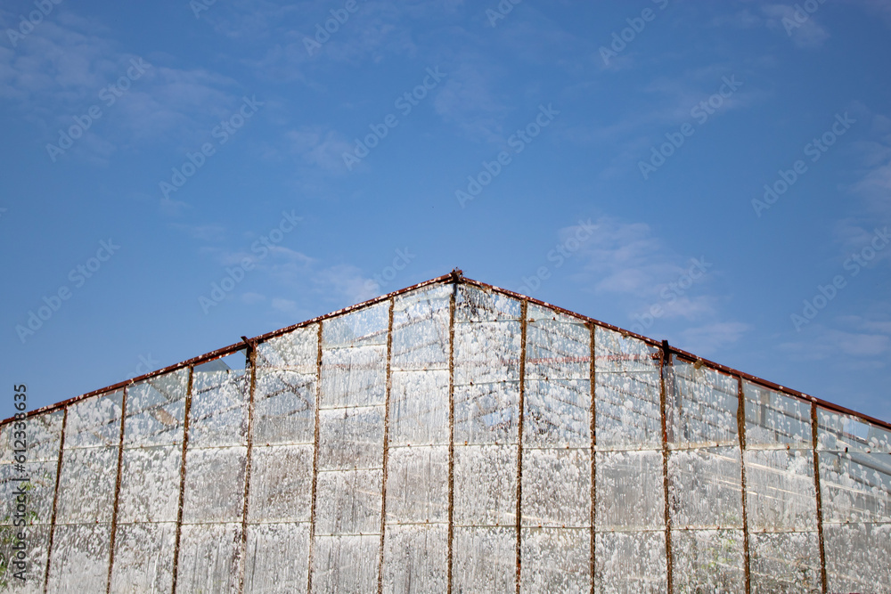 glass old church on the background of the blue sky, bottom view