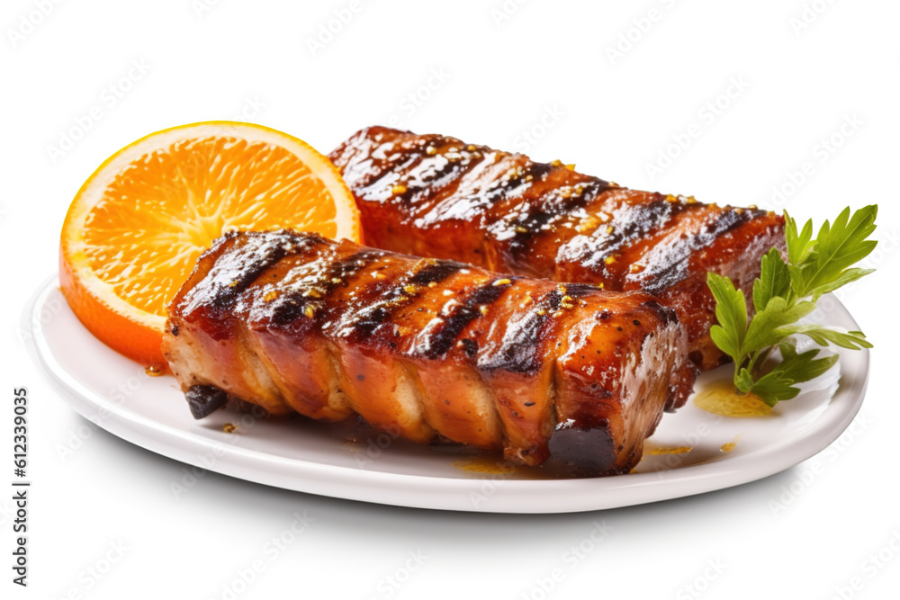 Medium rare grilled pork ribs with orange on a white background. Generative AI.
