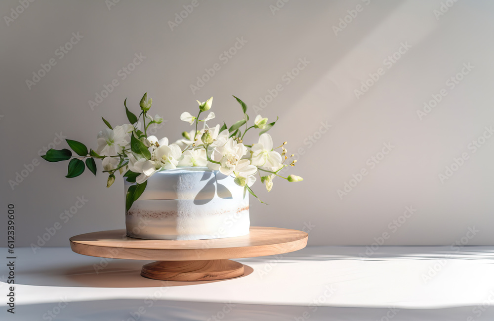 custom made wallpaper toronto digitalWhite cake on a wooden plate, buttercream, cake and floral art, food photography