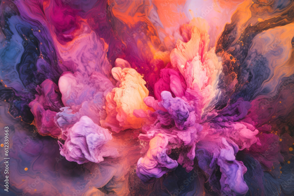 Splash of colored ink in water. Mixing paints in water. Abstract colorful gradient background for wallpaper, posters, product packaging or presentations. Deep space color palette. Generative AI Splash of colored ink in water. Mixing paints in water. Abstract colorful gradient background for wallpaper, posters, product packaging or presentations. Deep space color palette. Generative AI