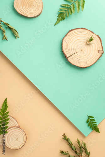 Wallpaper Mural Herbal natural products concept. High angle view photo of fern and eucalyptus branches and round wooden stands on beige and teal background with copy-space Torontodigital.ca