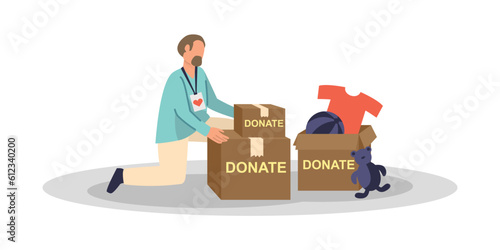 Volunteer preparing donated clothes for children homes. Faceless character putting items of clothing and toys into cardboard boxes. Flat vector illustration