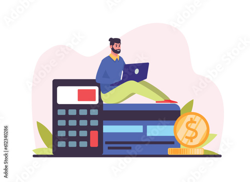 Character carrying out financial transactions through internet. Focused young office manager sitting on desk and typing on laptop. Flat vector illustration