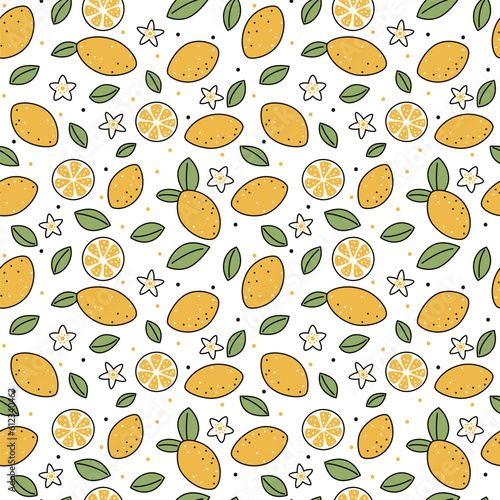 Juicy lemon seamless pattern. Slices, leaves and flower background