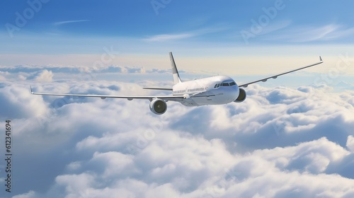 Commercial airplane jetliner flying above dramatic clouds Generative AI