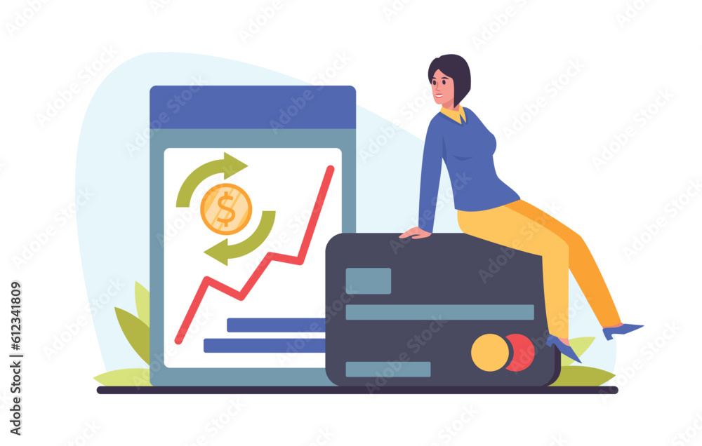 Online business and virtual banking transaction. Smiling young businesswoman sitting on credit card placed on office desk next to smartphone. Flat vector illustration Online business and virtual banking transaction. Smiling young businesswoman sitting on credit card placed on office desk next to smartphone. Flat vector illustration