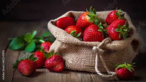 fresh strawberry in burlap sack on wood Generative AI