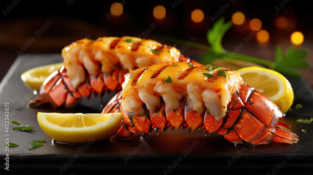 Traditional barbecue spiny lobster tail sliced and offered with saffron lemon sauce. Generative Ai - obrazy, fototapety, plakaty 
