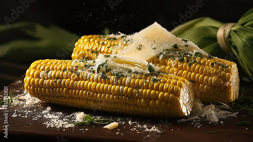 Grilled corn on the cob with herb butter and Parmesan. Generative Ai photo