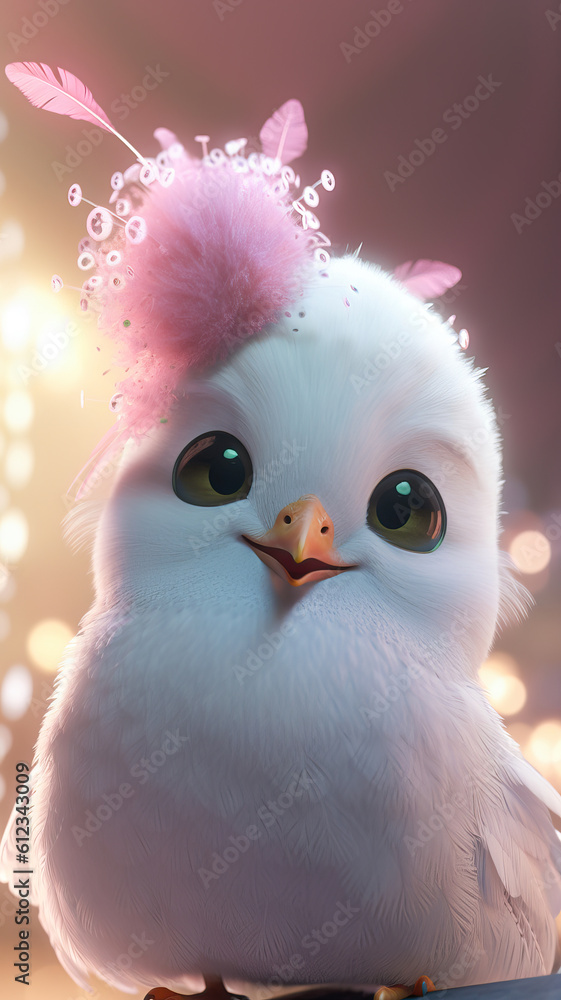 Obraz premium White bird, pink decorative feather hat, joyful style, animal illustration