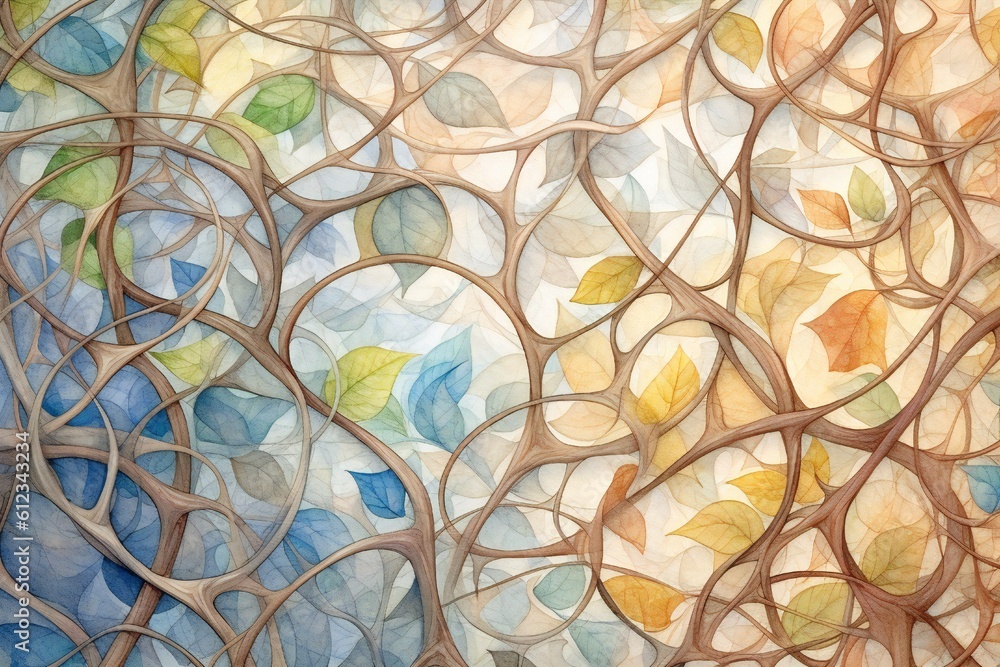 Layered vines themed color scheme abstract background, mixed media of colored pencil and painting