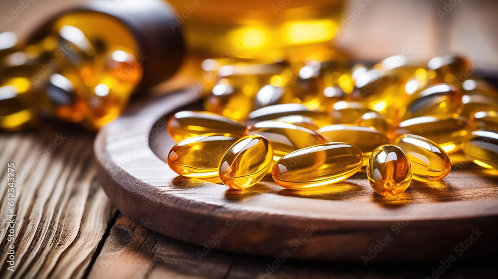 Close up vitamin D and Omega 3 fish oil capsules supplement on wooden plate. Generative Ai Close up vitamin D and Omega 3 fish oil capsules supplement on wooden plate. Generative Ai