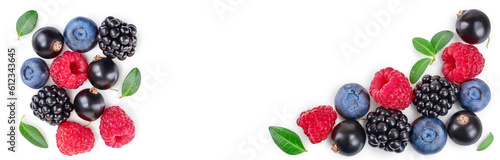 blackberry blueberry raspberry black currant isolated on white background with copy space for your text. Top view. Flat lay pattern