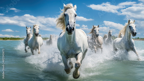Fotografiet Herd of white horses running through the water. Generative Ai