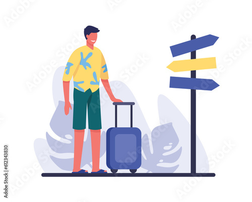 Cheerful tourist on summer trip. Smiling faceless guy with trolley suitcase standing in front of pillar with road pointers. Flat vector illustration