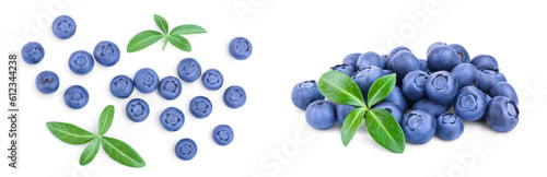 fresh ripe blueberry with leaves isolated on white background. Top view. Flat lay pattern