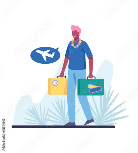 Cheerful male character embarking on transcontinental voyage. Joyful guy with suitcases in hands walking across airport runway. Flat vector illustration