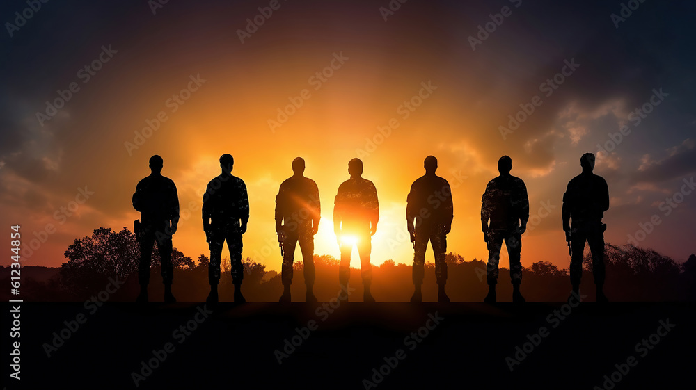 military silhouettes on sunset sky background. Generative Ai military silhouettes on sunset sky background. Generative Ai