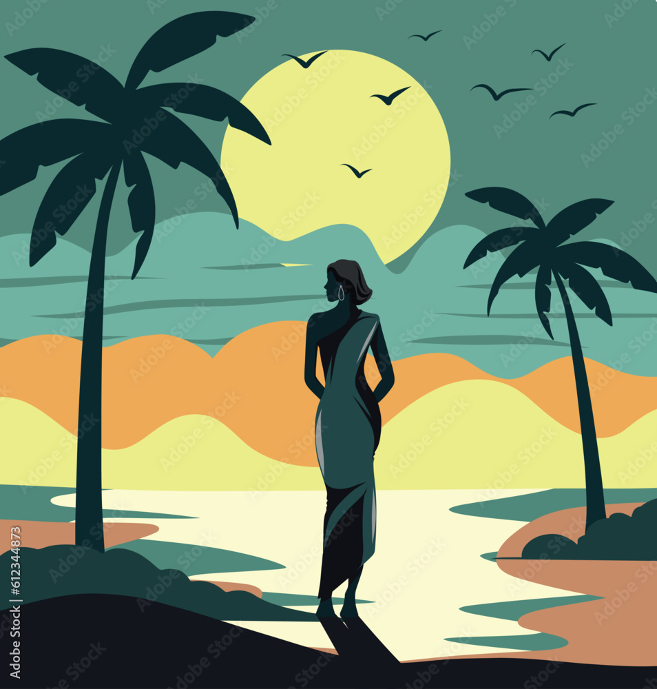 Vector flat illustration girl on vacation on the beach walking along the shore beach sea breeze sand sea beautiful sunset and palm trees