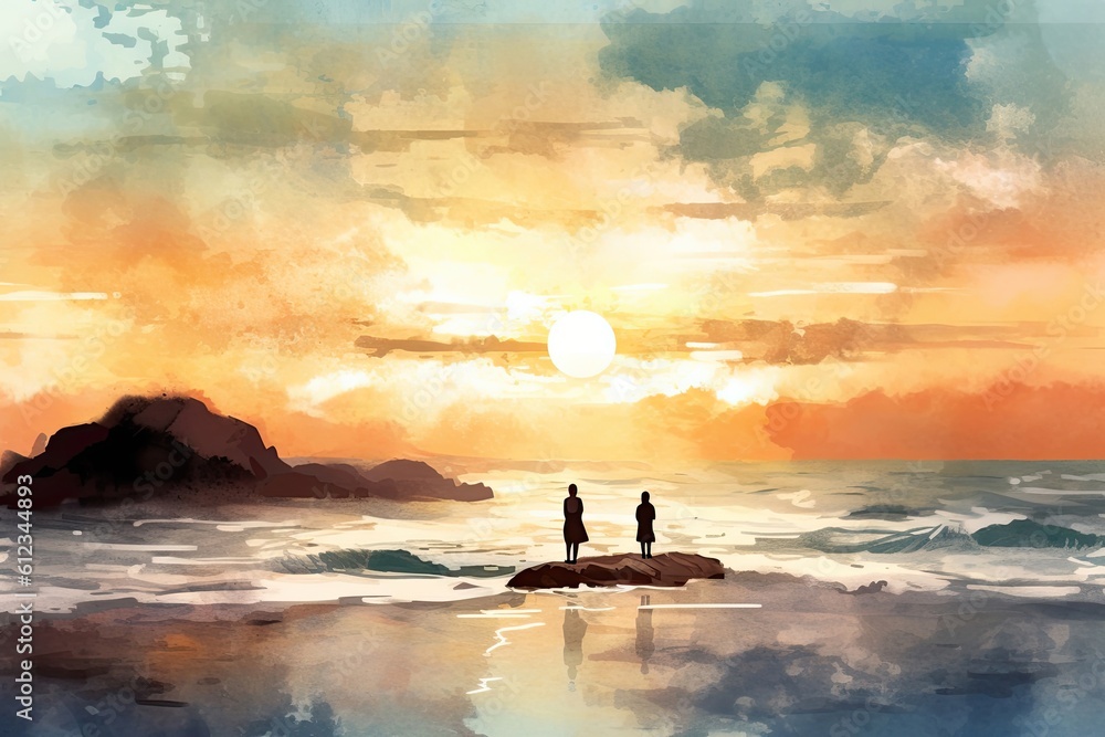 A calming beach scene watercolor illustration - Generative AI.