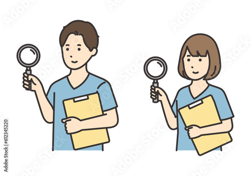 カルテとルーペを持つ看護師の女性と男性のイラストセット