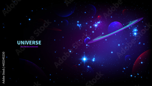 Space and planet background with copy space. Fantasy Universe or Galaxy isolated on black background. Starry sky with planets and satellites. Space or cosmos concept. Universe banner template.