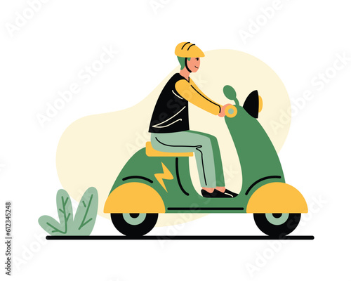 Man in protective helmet sitting on electric scooter and ride on street. Cartoon character using eco transport. Helping environment concept. Vector illustration in yellow and green colors