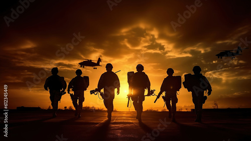 military silhouettes on sunset sky background. Generative Ai © Putra