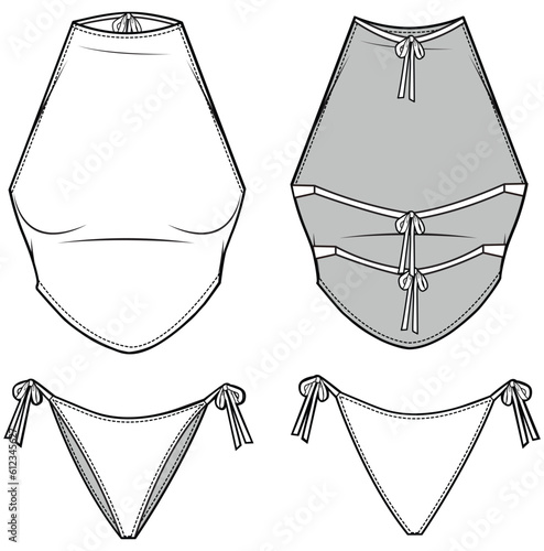 womens string bikini set halter neck two piece tankini beach wear flat sketch vector illustration front and back view technical cad drawing template