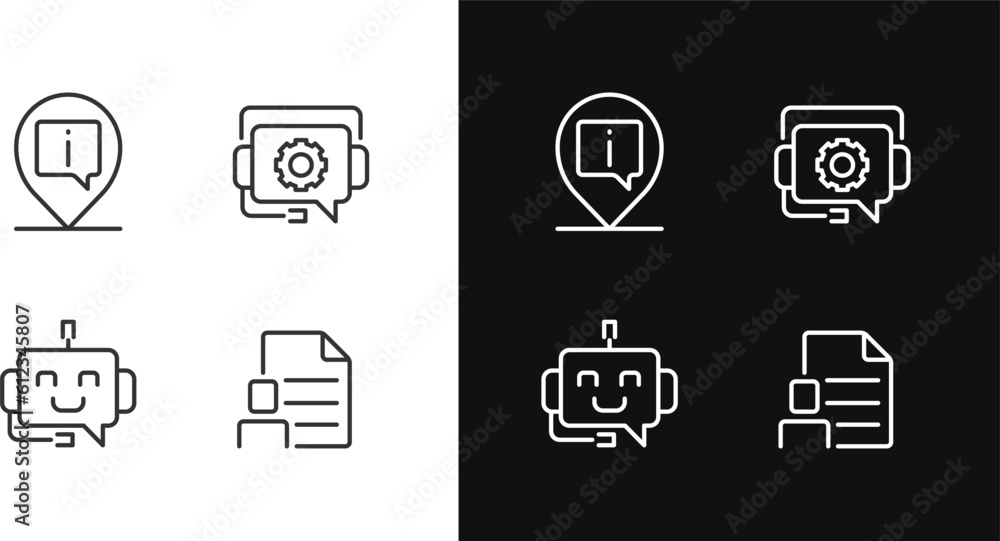 Chatbot info help pixel perfect linear icons set for dark, light mode. Find location online. Digital support. Thin line symbols for night, day theme. Isolated illustrations. Editable stroke Chatbot info help pixel perfect linear icons set for dark, light mode. Find location online. Digital support. Thin line symbols for night, day theme. Isolated illustrations. Editable stroke