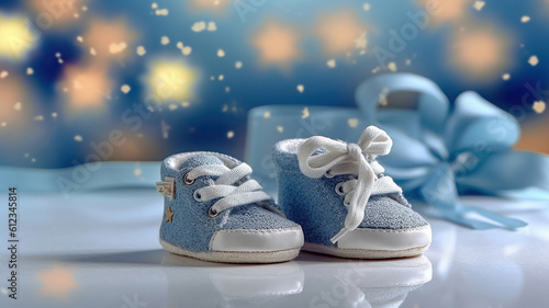 closeup of baby shoes, baby shower decoration. Generative Ai photo