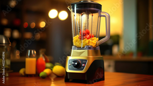 The electric blender for make fruit juice or smoothie on wooden kitchen table. Generative Ai