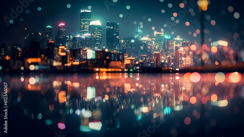Panorama of the night city with bokeh lights, generative AI.