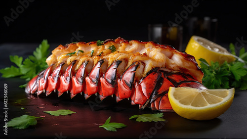Traditional barbecue spiny lobster tail sliced and offered with saffron lemon sauce. Generative Ai