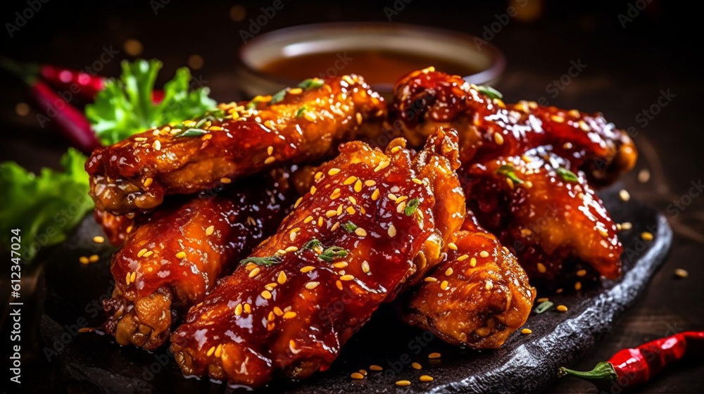 Generative AI. Crispy Fried Chicken Wings with Sweet and Spicy Sauce Generative AI. Crispy Fried Chicken Wings with Sweet and Spicy Sauce