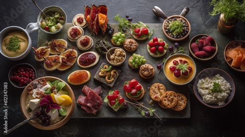 A selection of appetizers and finger foods, beautifully arranged on a platter,