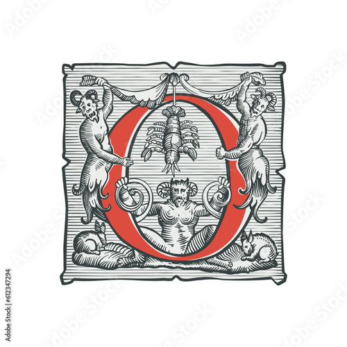 Gothic O letter logo. Medieval dropcap. Devil, witches and ghosts in hell. Engraving hatching illustration. Germanic font for bewitchment labels, pagan music, black magic posters, potions packaging.
