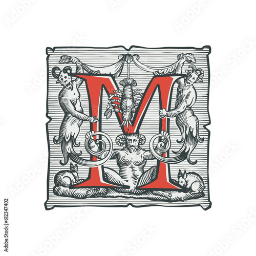 Gothic M letter logo. Medieval dropcap. Devil, witches and ghosts in hell. Engraving hatching illustration. Germanic font for bewitchment labels, pagan music, black magic posters, potions packaging.