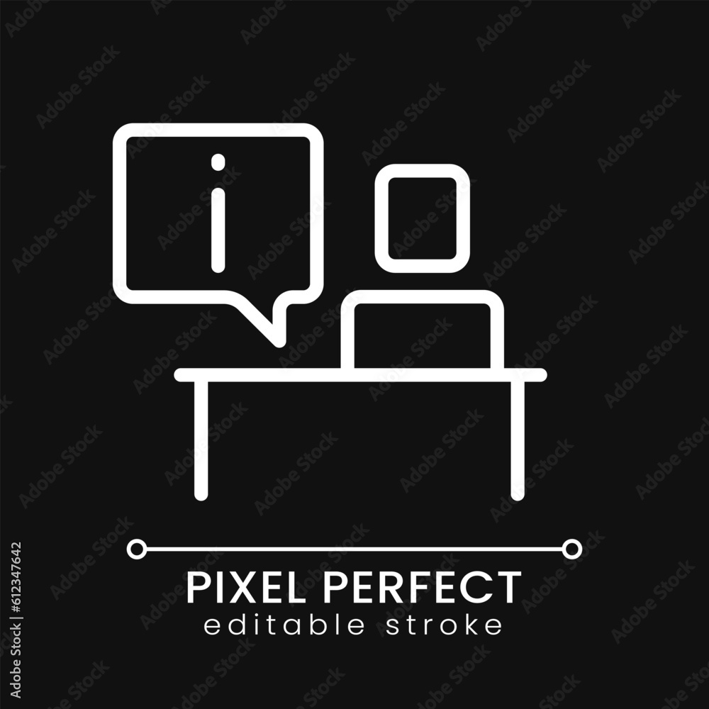 Information desk pixel perfect white linear icon for dark theme. Helpdesk service. Customer consulting. Thin line illustration. Isolated symbol for night mode. Editable stroke. Poppins font used Information desk pixel perfect white linear icon for dark theme. Helpdesk service. Customer consulting. Thin line illustration. Isolated symbol for night mode. Editable stroke. Poppins font used