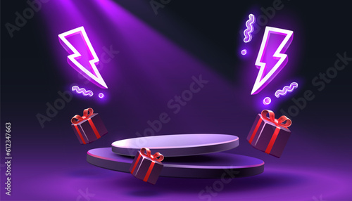 Scene mega sale, the lightning symbol, super offer podium banner, gift pedestal. Vector illustration