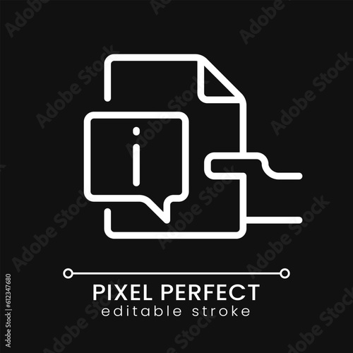 Read instructions pixel perfect white linear icon for dark theme. User tutorial. Information about product. Thin line illustration. Isolated symbol for night mode. Editable stroke. Poppins font used