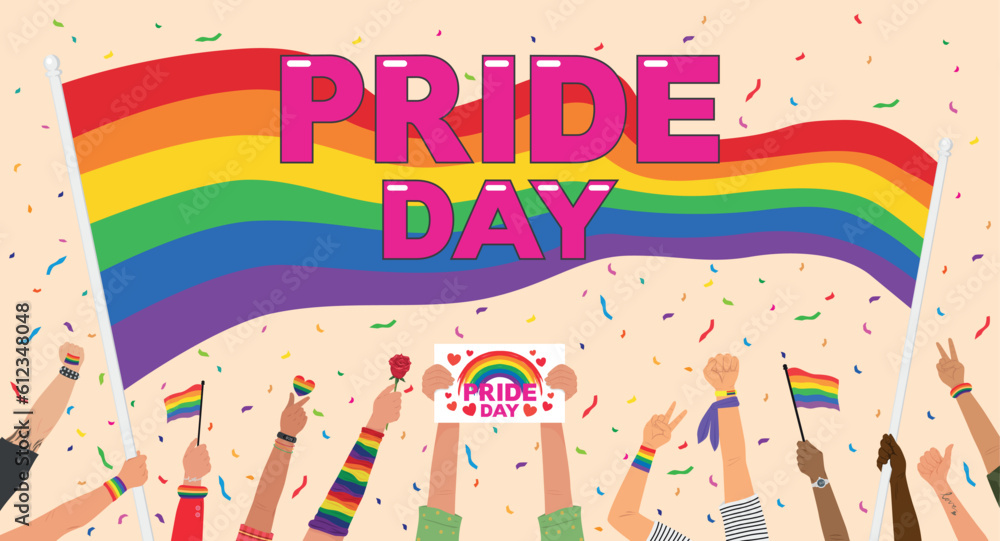 People hold hands up Celebrates LGBT pride day. Illustration, Poster, Vector , Background or wallpaper.   