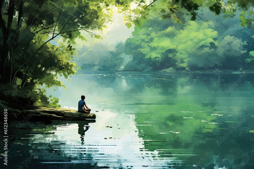 Peaceful lakeside watercolor illustration - Generative AI.