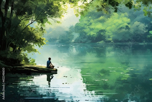 Fototapeta Peaceful lakeside watercolor illustration - Generative AI.