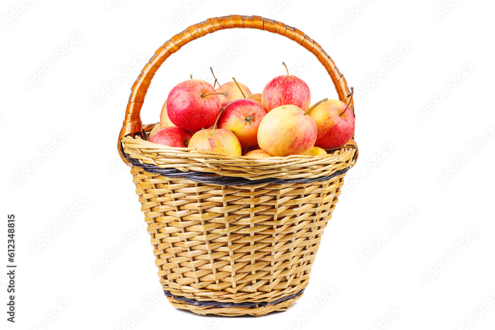 Crab apples in wicker basket isolated on a white background Crab apples in wicker basket isolated on a white background