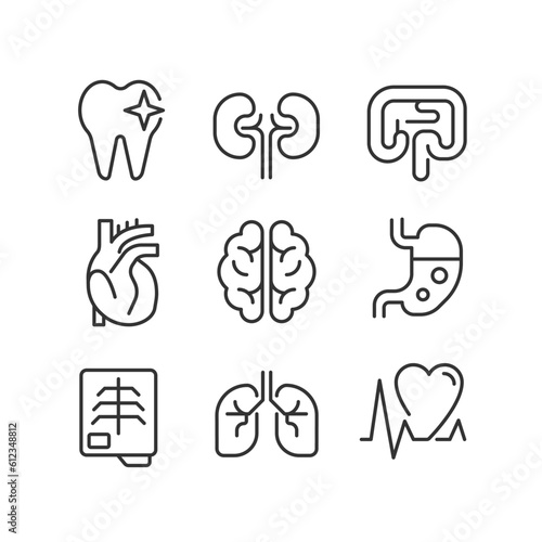 Organs regular checkup pixel perfect linear icons set. Medical service. Disease treatment. Regular checkup. Customizable thin line symbols. Isolated vector outline illustrations. Editable stroke