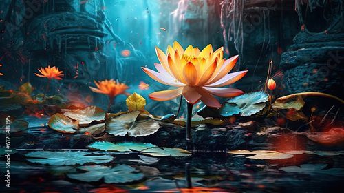 A lotus flower in a serene environment with a waterfall