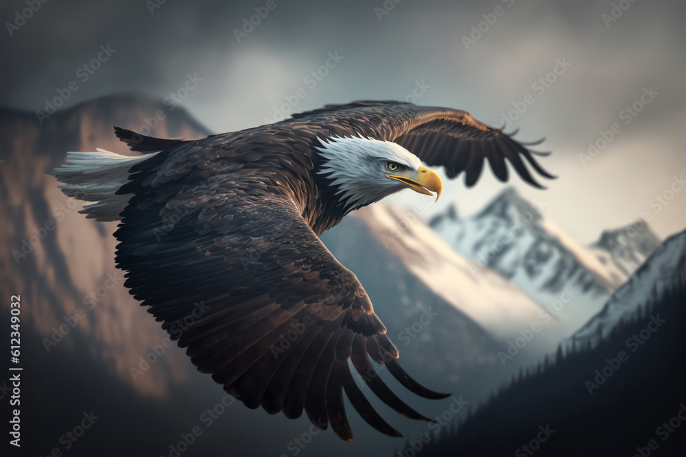 Fototapeta premium Bald eagle flying and gliding slowly on the sky over high mountains. Generative AI