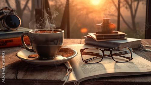 Start up concept.Coffe cup,alarm clock,newspaper,books,glasses.morning coffee day start. Generative Ai
